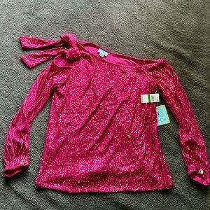 CeCe Hot Pink Sequin Long-Sleeve Top with Shoulder Tie